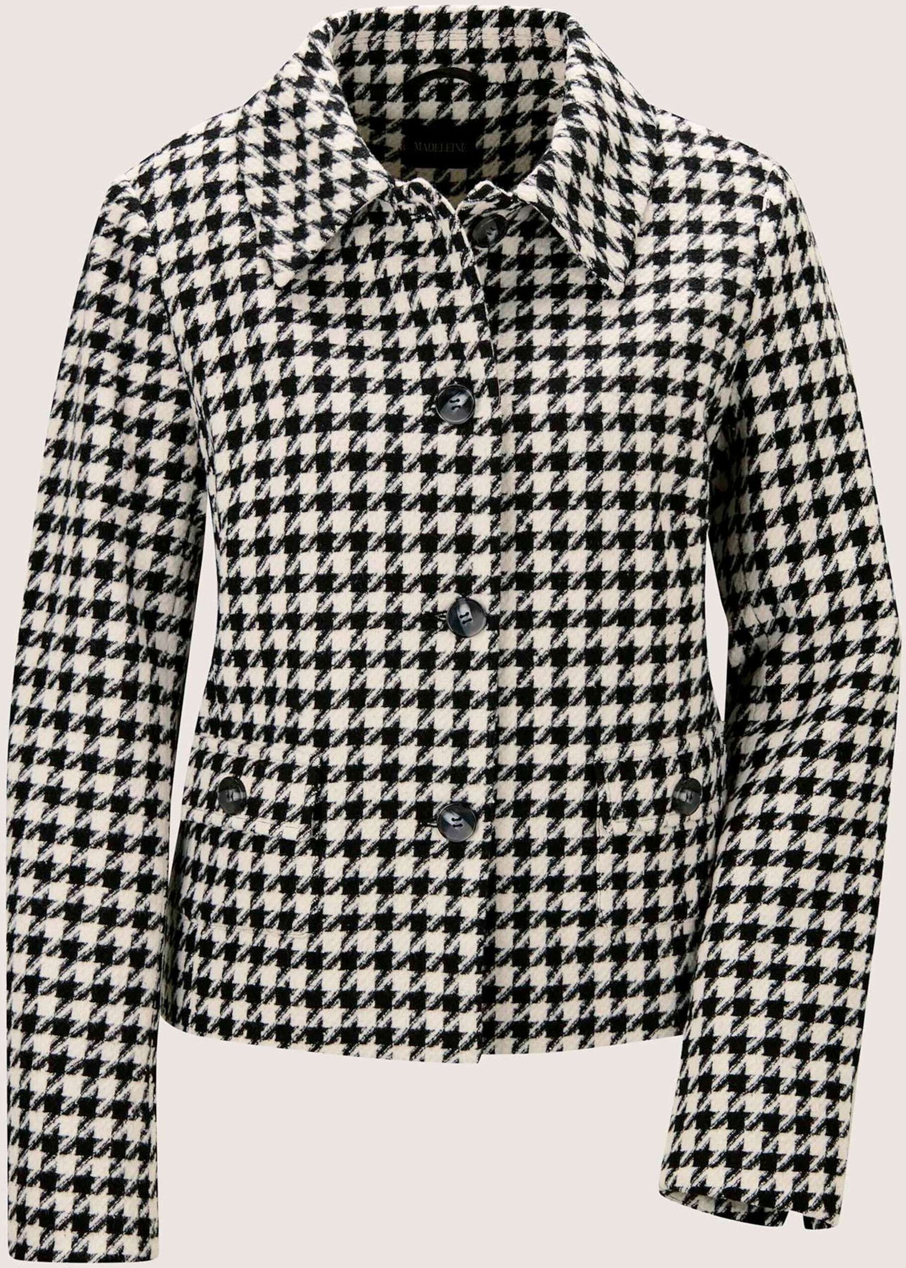 Jackenblazer MADELEINE "Blazer Leicht gefütterter Hahnentritt-Blazer in verkürzter Form", Damen, Gr. 40, schwarz (schwarz, perlweiß), Obermaterial: 90% Polyester PES. 10% Wolle mw., Modern, gerade, Blazer Jackenblazer, Hahnentritt Muste