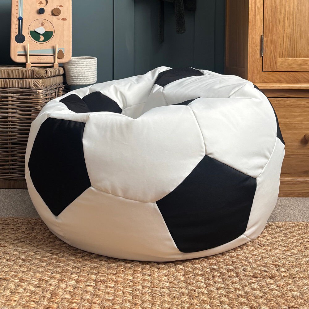 Isabelle & Max rucomfy Beanbags Classic Football Kids Beanbag Chair with Filling - Childrens Bean Bag Seat Recliner Bedroom Furniture Sports - Water Resistant, Machi White;Black Medium