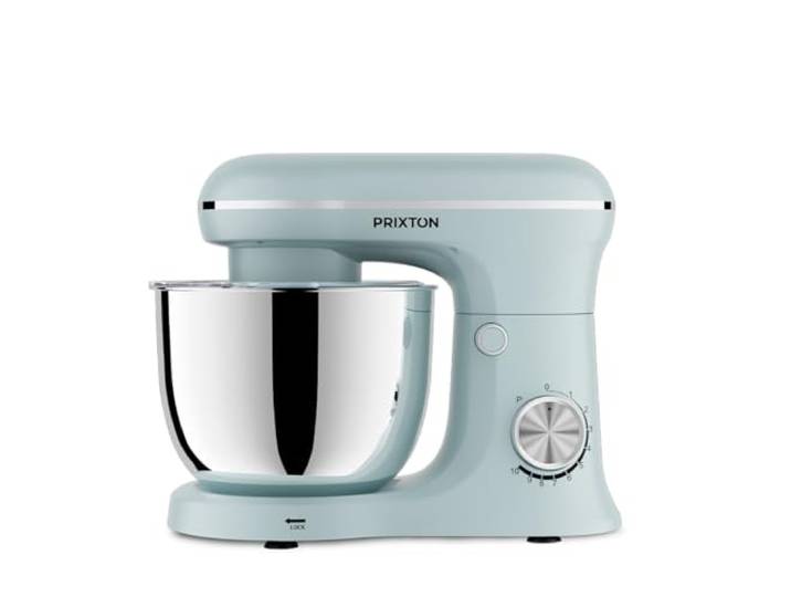 PRIXTON KR250 Knetmaschine für Backwaren, Leistung 1500 W, 10 Geschwindigkeitsstufen, 5 Liter Edelstahlschüssel, 3 Zubehörteile, transparenter Deckel (Blau)