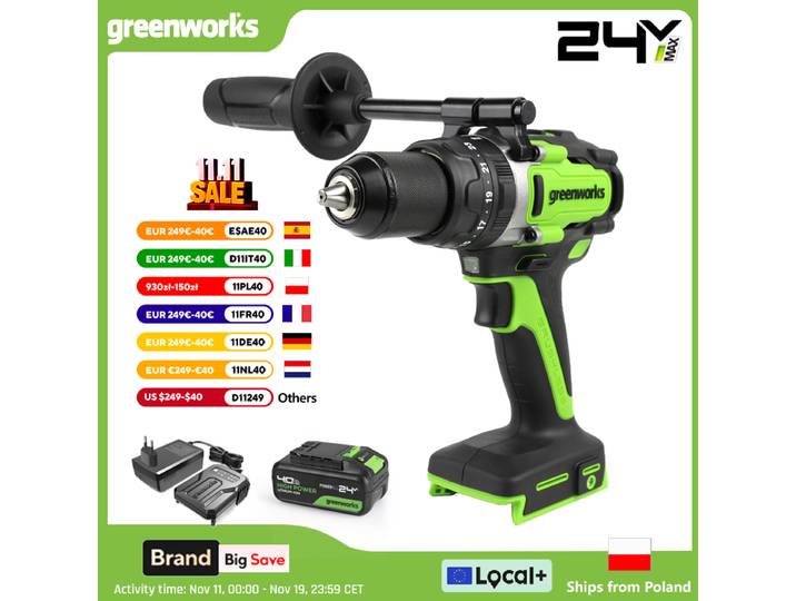 Greenworks – perceuse-visseuse sans balais 24V, mandrin métallique de 1/2 pouces, perceuse à percussion sans fil, 800 po, 21 positions d'embrayage avec batterie 4Ah