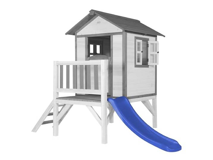 AXI Beach Lodge XL Spielhaus aus Holz in Weiß mit Blauer Rutsche Kleiner Spielturm, Stelzenhaus mit Veranda & Rutsche für Kinder, FSC Holz, Podesthöhe 57 cm