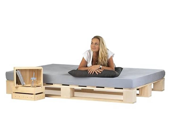 Lermowood Palettenbett M1 aus Holz 240 x 200 cm Natur mit Lattenrost Holzbett 20cm Stabiles Seniorenbett Kinderbett Jugendbett Gästebett erhöhtes Einzelbett Bettgestell Futonbett Komforthöhe Naturholz