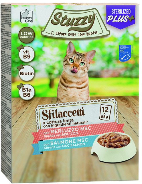 Stuzzy Sterilized Plus Cat Busta Multipack 12x85G MERLUZZO E SALMONE