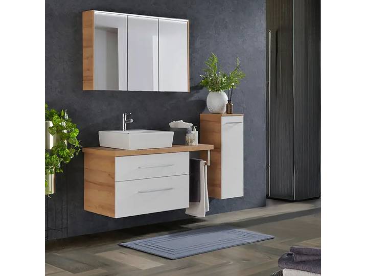 Waschtischunterschrank Lara 60cm Braun/Hochglanz Weiß/Asteiche Dekor