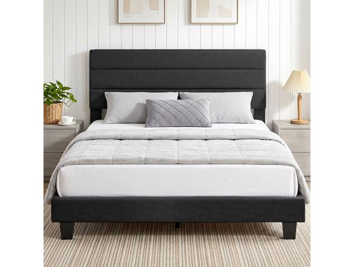 HOMCOM Lit Double 164x208cm Tissu Lin Tête Réglable Noir