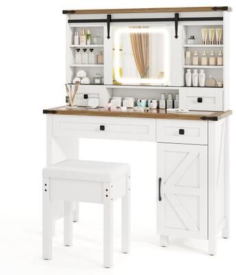 Costway Makeup Vanity Desk with Mirror and 3-Color Dimmable LED Lights-White