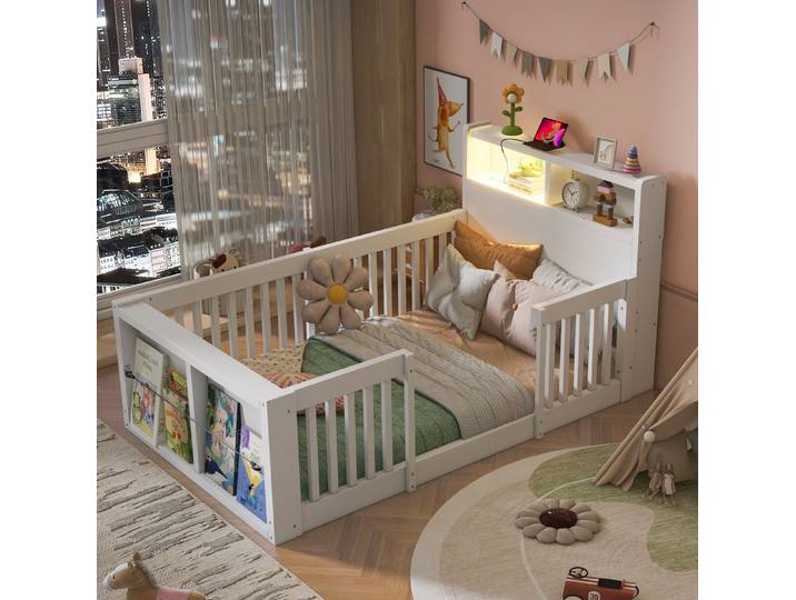 REDOM Kinderbett Holzbett mit Sicherheitsgitter, USB-Ladeanschluss, Funktionsbett (90x190 cm, Nachtbeleuchtung und praktischem Ablagefach am Bettende, 1-tlg., Einzelbett), ohne Matratze