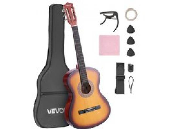 VEVOR Konzertgitarre, 960 mm, Holz-Klassikgitarren-Starter-Set für Anfänger, mit Nylonsaiten, Gigbag, Gurt, Stimmgerät, zusätzlicher Saite, Plektrum, Kapodaster, Linde, für Einsteiger, Sunburst