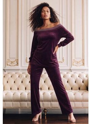 Plus Size Women's Rhinestone-Detailed Velour Set by Roaman's in Dark Berry (Size 14/16)