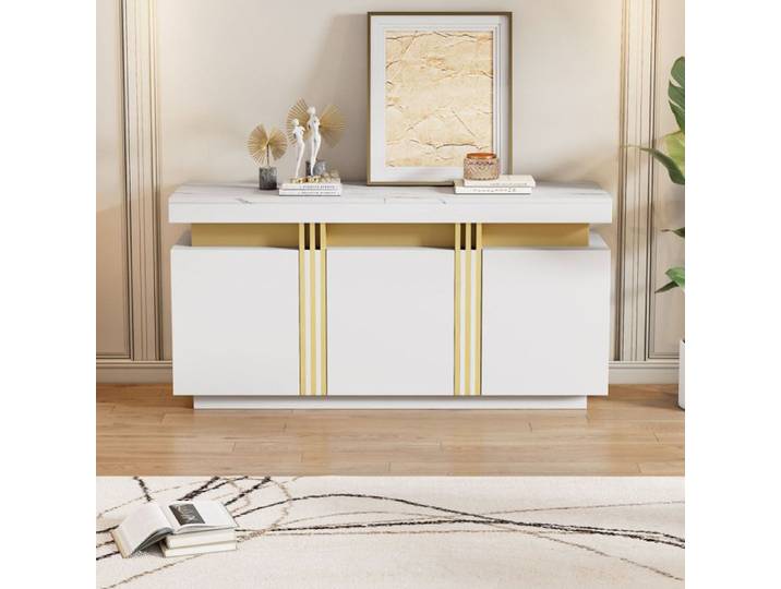 Bladez - Buffet moderne 140x38x70 cm 3 portes et 6 compartiments - Blanc