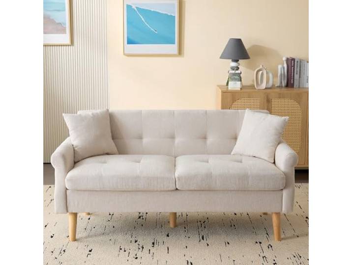 Merax Doppelsofa Sofa für Schlafzimmer Kleines Sofa für Wohnzimmer Modernes Polstermöbel 162x74x77cm– Stoff Loveseat, Doppelsofa mit dicken Kissen, ideal für Wohnzimmer, Schlafzimmer, Wohnung Beige
