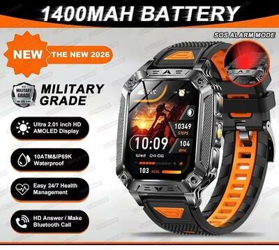 Uplift Essentials "TANK Ultra Military Smart Watch 1400mAh Battery & 2.01"" AMOLED 10ATM Waterproof GPS Tactical SmartWatch black Orange"