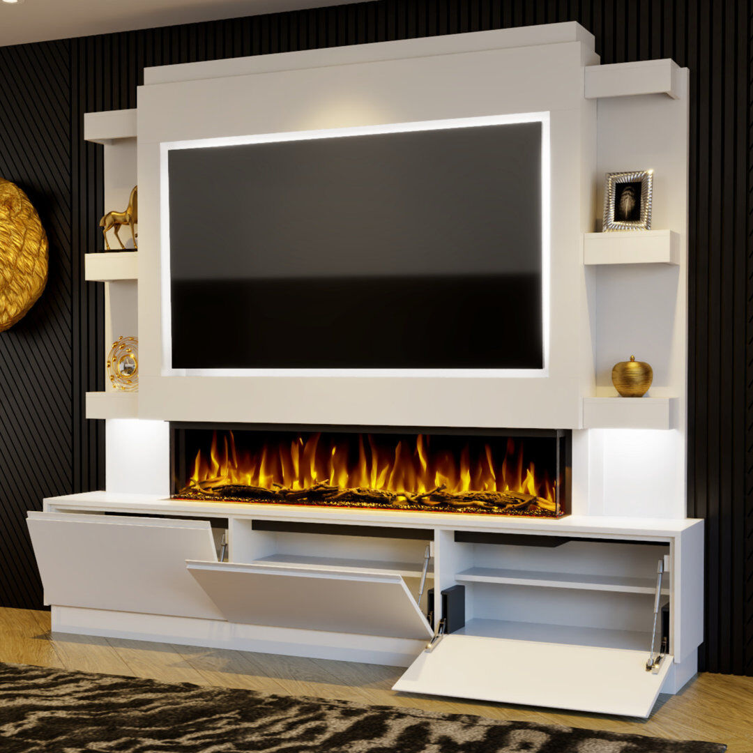 Evolution Fires Pre-Built Media Wall Package 22, finished in textured Venetian Plaster, includes Spectrum Series 60 Series 3-Sided Electric Fireplace White 212cm H X 241cm W X 35cm D