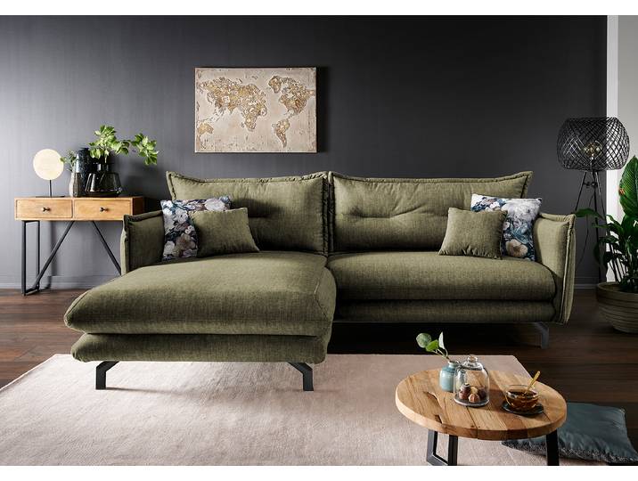 Ecksofa mit Longchair Grün Samt Josita 255 x 80 x 180cm Longchair davorstehend links Modern