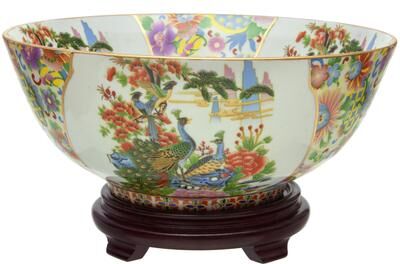 "14"" Satsuma Birds & Flowers Porcelain Bowl" "Oriental Furniture 14"" Satsuma Birds & Flowers Porcelain Bowl"