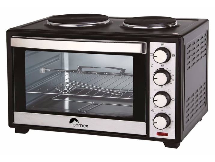 Ohmex 2 in 1 Electric Oven Elektrischer Ofen mit Platte – Mini Backofen – schwarz