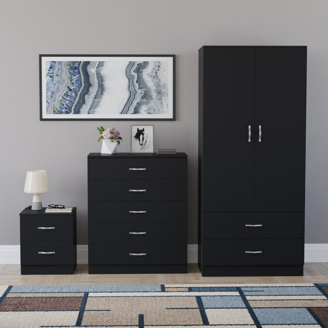 17 Stories Maybery 3 Piece Bedroom Set (2 Drawer Bedside Chest, 5 Drawer Chest, 2 Door 2 Drawer Wardrobe), (4) Black