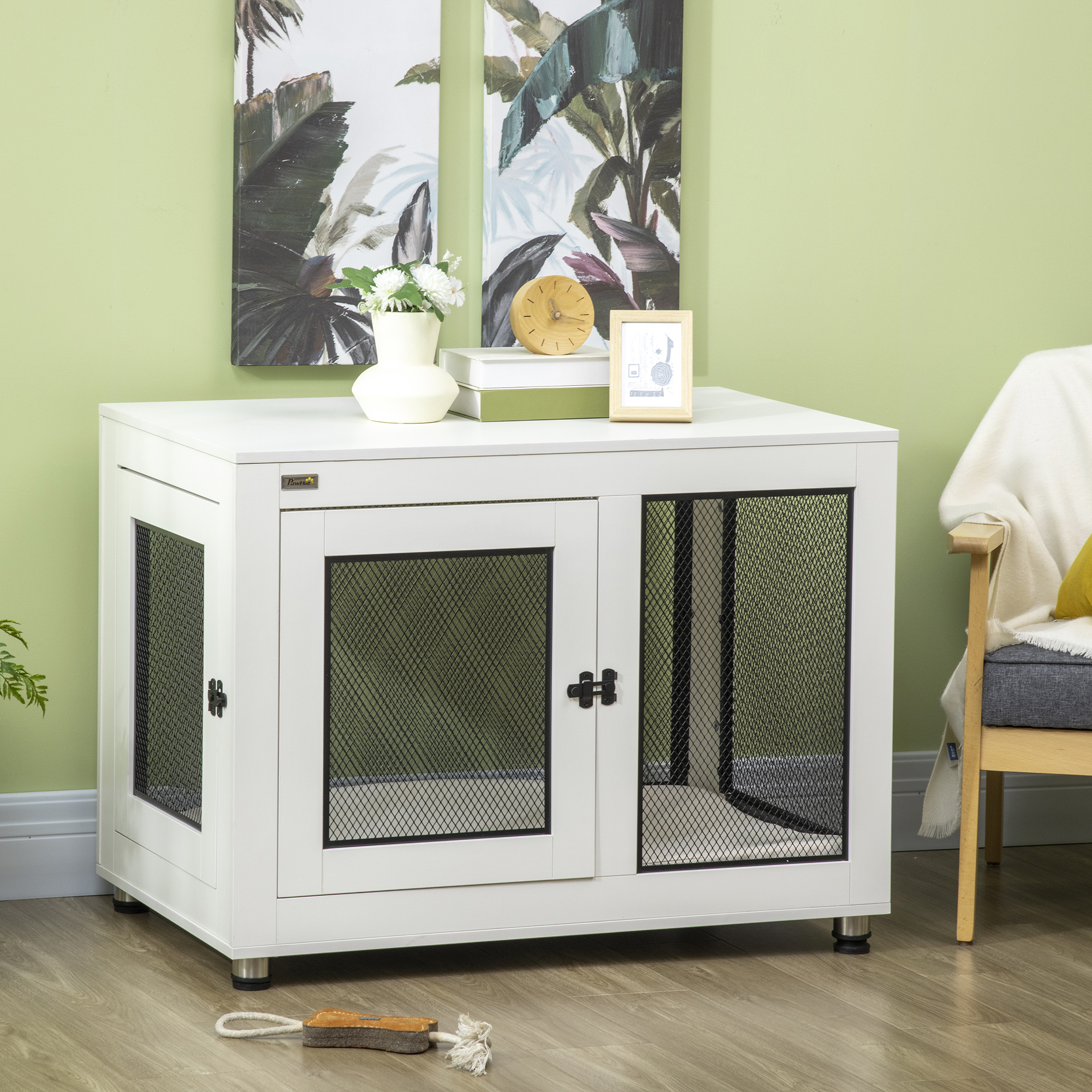 Pawhut Casetta per Cani Taglia Grande con 2 Porte Bloccabili e Cuscino Lavabile, 94x60x71.5 cm, Bianco