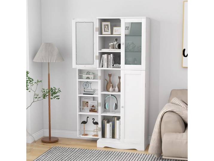 GIANTEX Buffet de Cuisine Armoire Haute H161 5 cm-14 Compartiments-2 Portes Vitrées+2 Portes Multi-Rangement-Meuble Rangement Blanc
