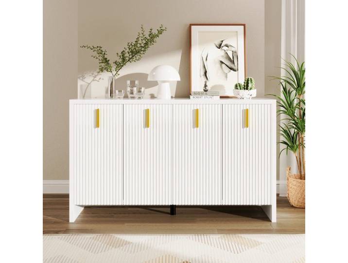 Buffet de Salle à Manger 140x38x80cm Buffet d'Appoint avec Poignées Dorées et Étagères Réglables Meuble de Rangement Salon blanc