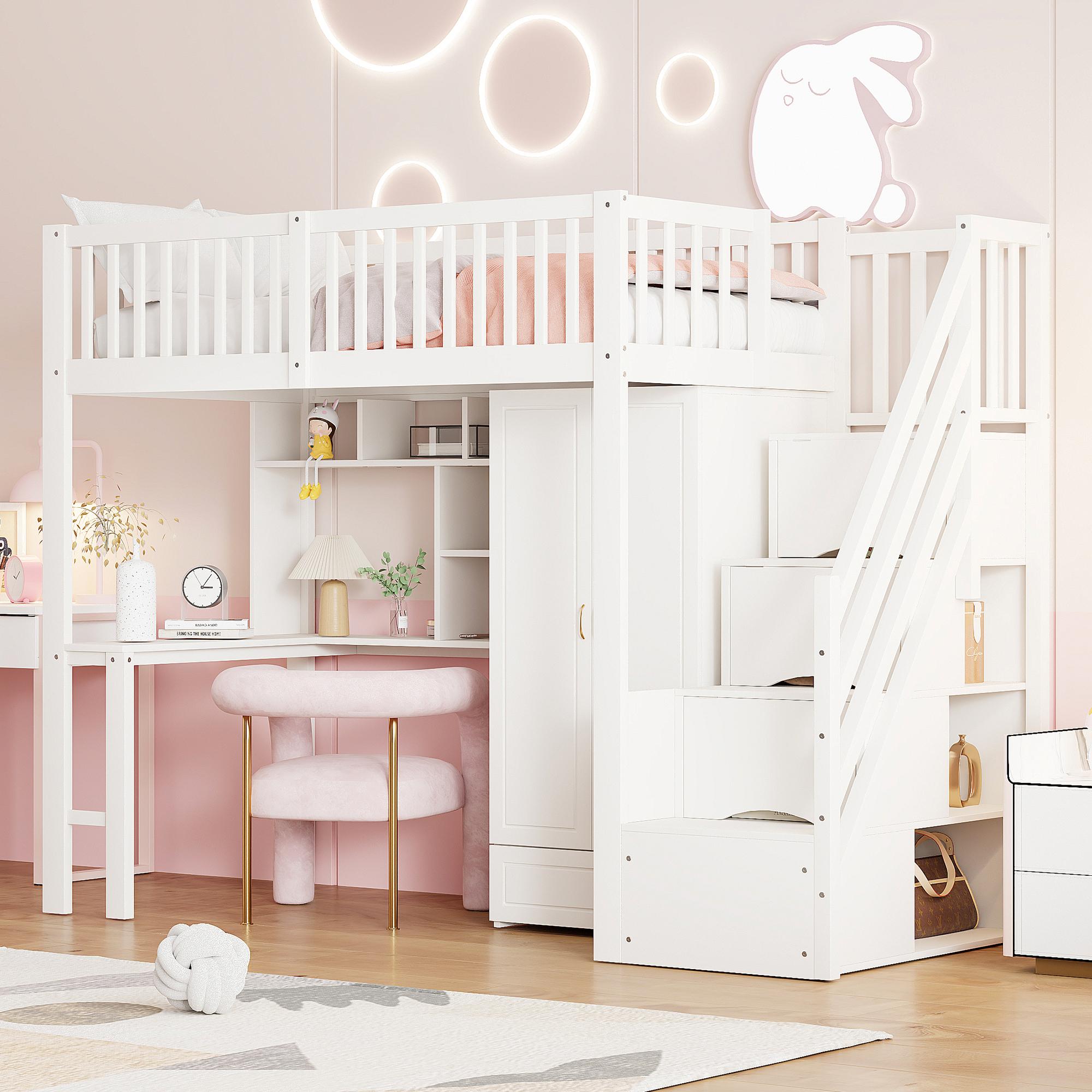 Sweiko Hochbett 90 x 200 mit großem Kleiderschrank Regal und Tisch, Stauraum Treppe Mehrzweckbetteinheit Holzbettgestell weiß