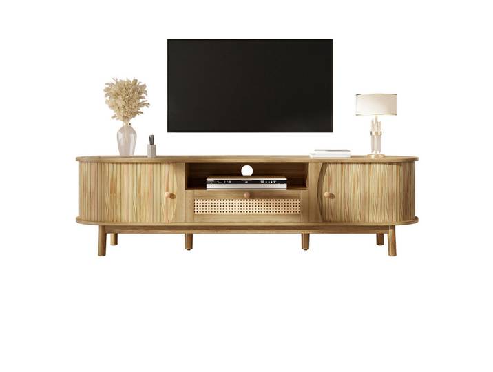 Flieks Tv-Schrank Rattan Landhaus Türen Schubladen Massivholz, Naturfarben, 37x46x165 cm, Wohnzimmer, TV Möbel, Lowboards, Lowboards stehend