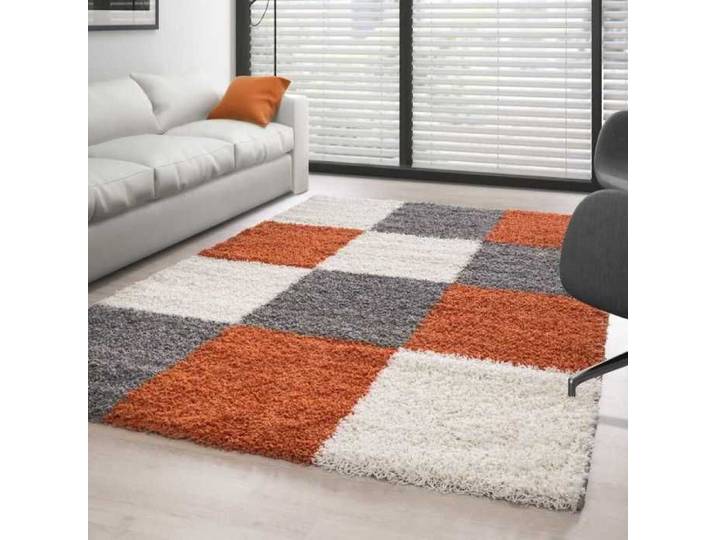 TapisTrend Tapis Shaggy Terracotta-Blanc-Gris 120 x 170 cm pile longue designe à carreaux