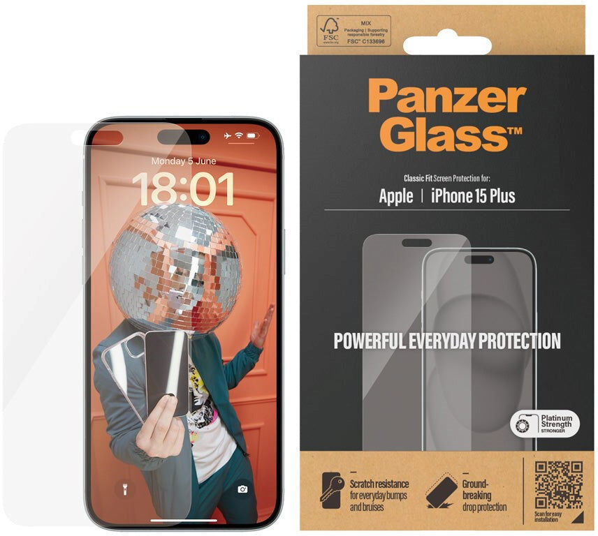 iPhone 15 Plus / 16 Plus PanzerGlass Classic Fit Beskyttelsesglas - Platinum Strength - Gennemsigtig