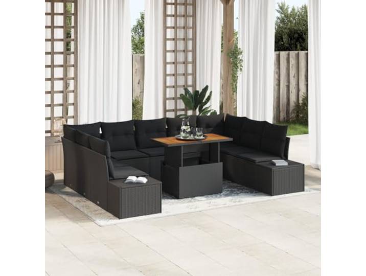 HEFZGDB 10-teiliges Garten-Esszimmer-Set mit Kissen in Schwarz aus Poly-Rattan und Akazienholz für Terrasse Balkon Außenbereich, wetterfest mit Stauraum, geräumige Sitzgruppe