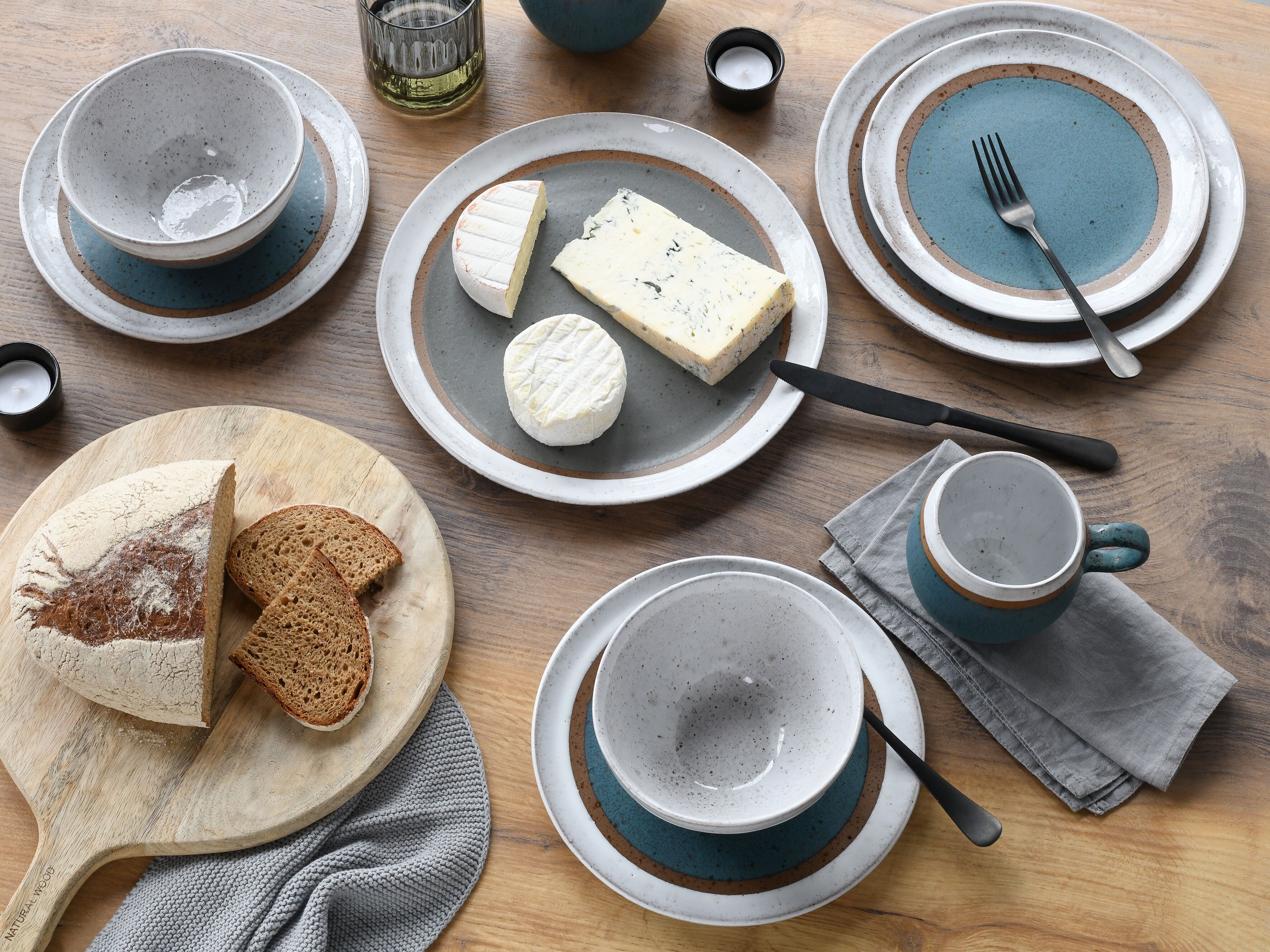 Kombiservice CREATABLE "Fjord Bunt, Service, 16-tlg.", blau (bunt), 16, Steinzeug, Geschirr-Sets, Kombiservice, Skandinavisches Design, Reativglasur
