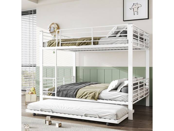 Lit superposé triple avec lit gigogne – métal – 140 x 200 cm – blanc mat