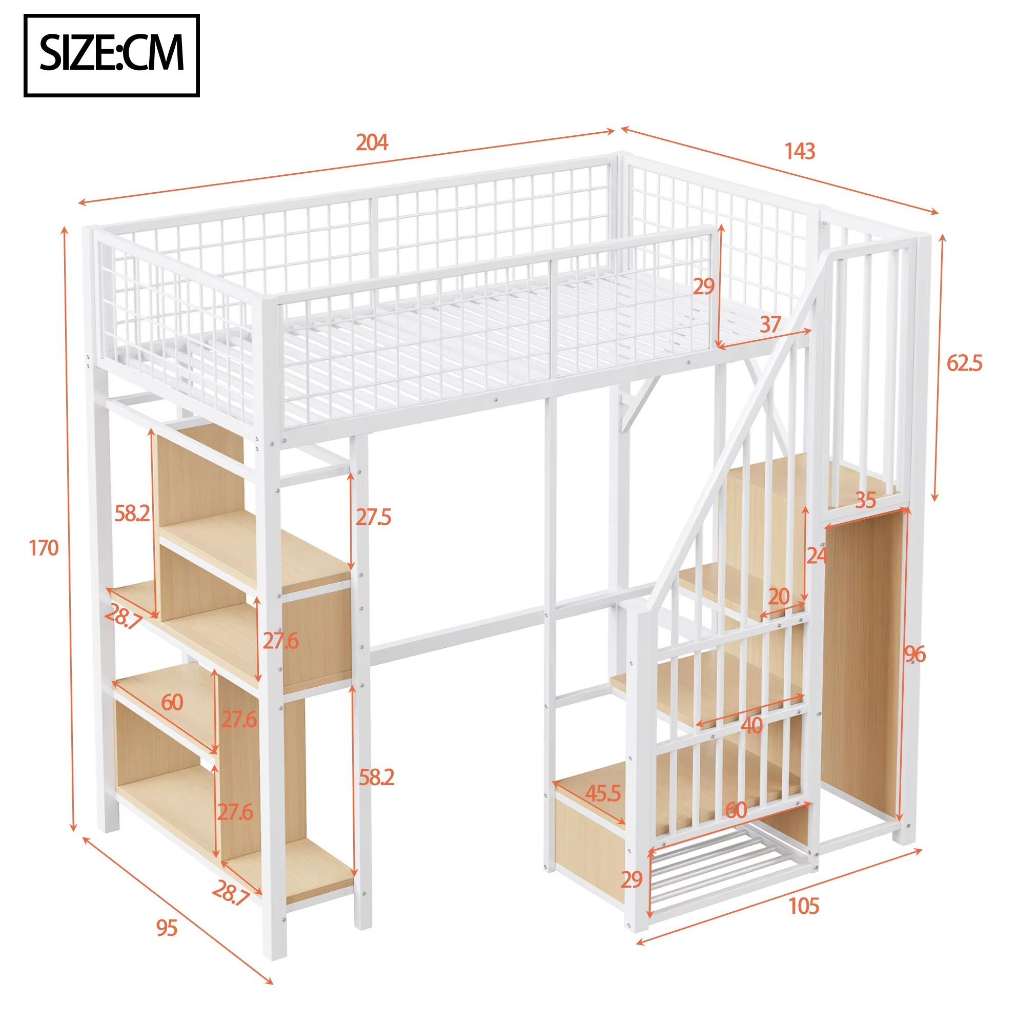 Metall-Hochbett mit Stauraum - Etagenbett - Mit Treppe - 90 x 200 cm - Weiß - Moderner Stil
