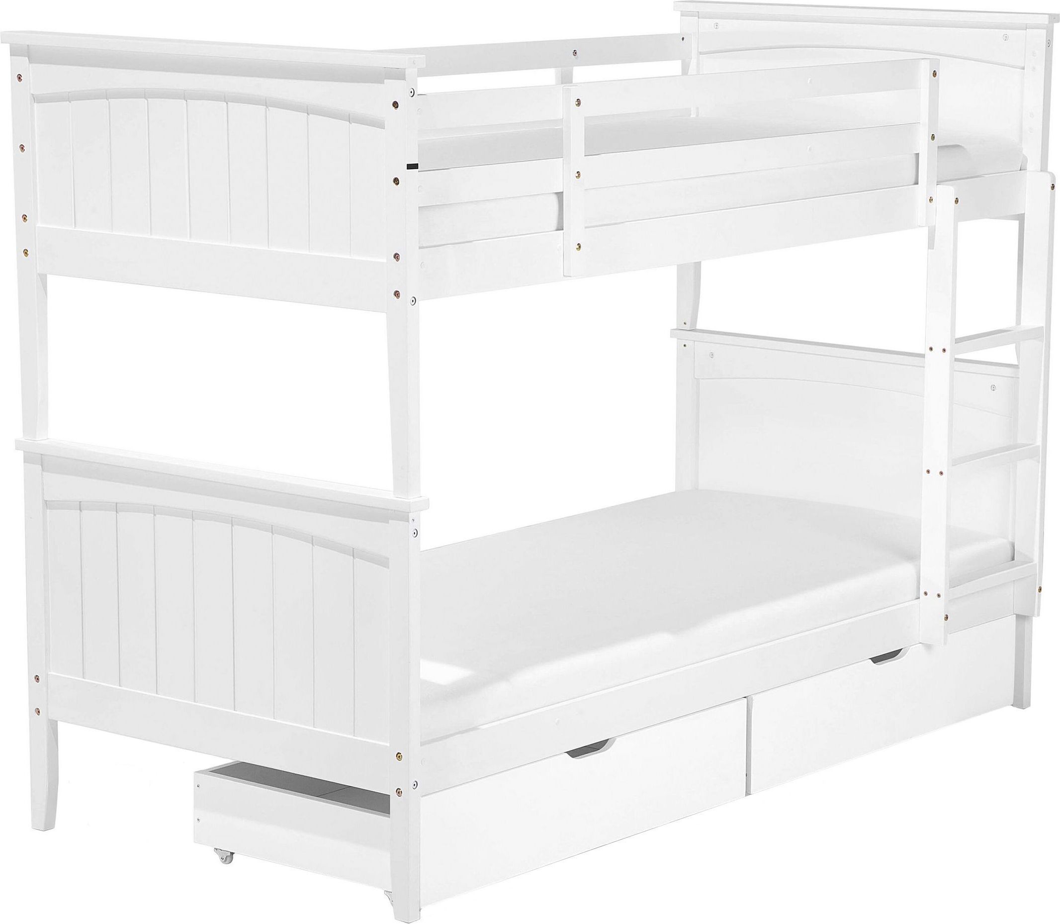 BELIANI Hochbett Weiß Kiefernholz 90 x 200 cm für 2 Personen Modern Etagenbett mit Leiter 2 Schubladen und Lattenrost Schlafzimmer Ausstattung