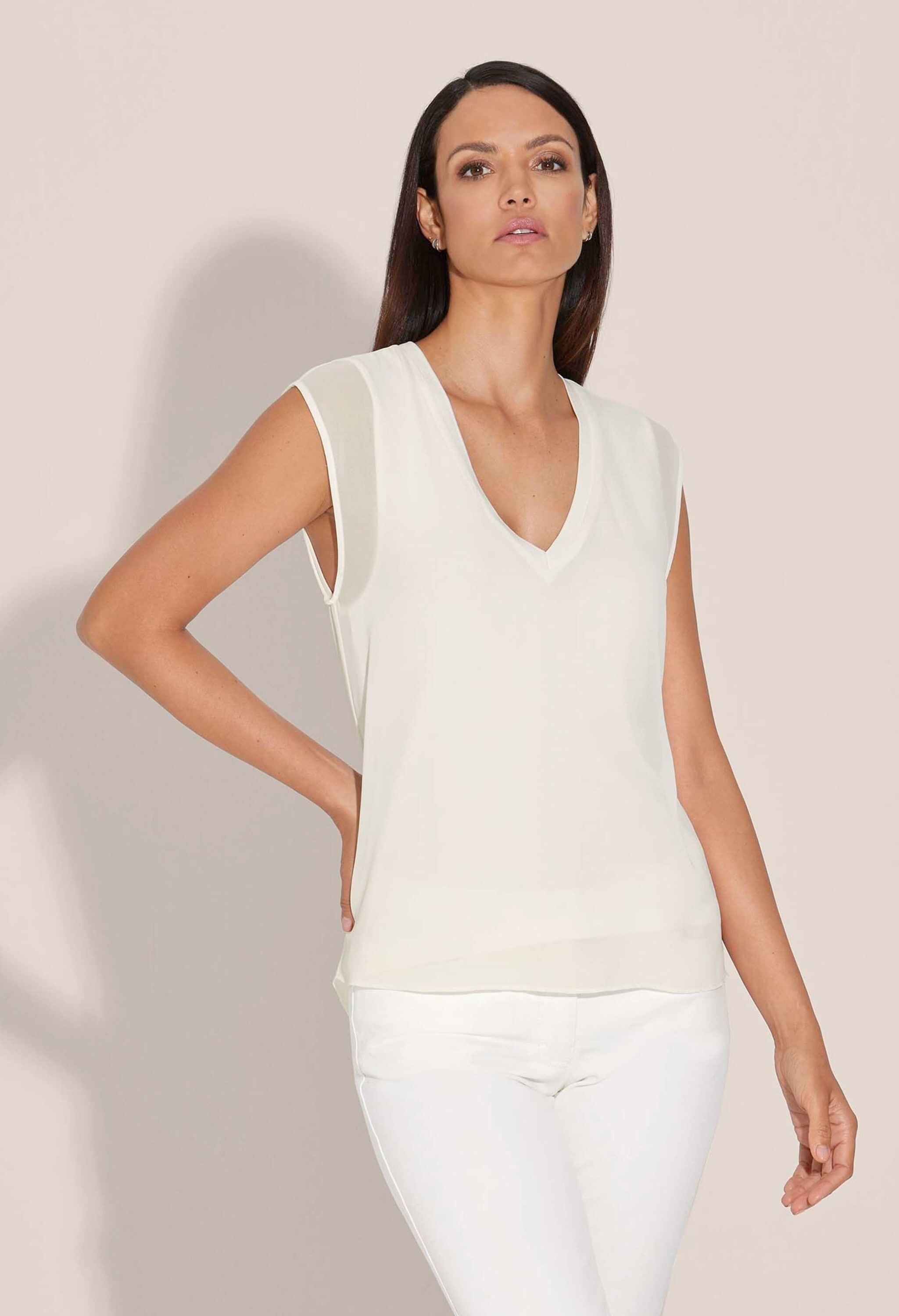 Blusentop MADELEINE "Blusentop Langes Blusentop im Layer-Look", Damen, Gr. 34, weiß, Obermaterial: 100% Polyester PES., Modern, normal, V-Ausschnitt, Blusen Blusentop