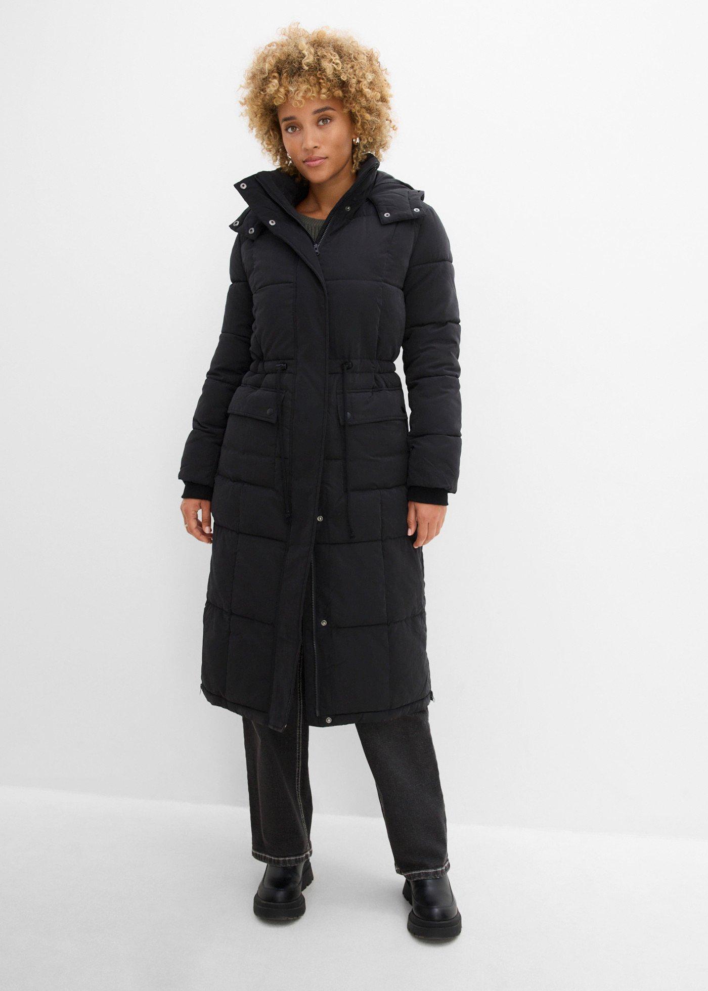 bonprix Wintermantel mit seitlichen Reißverschlüssen, schwarz, Gr.42, Langer Wintermantel mit Kapuze