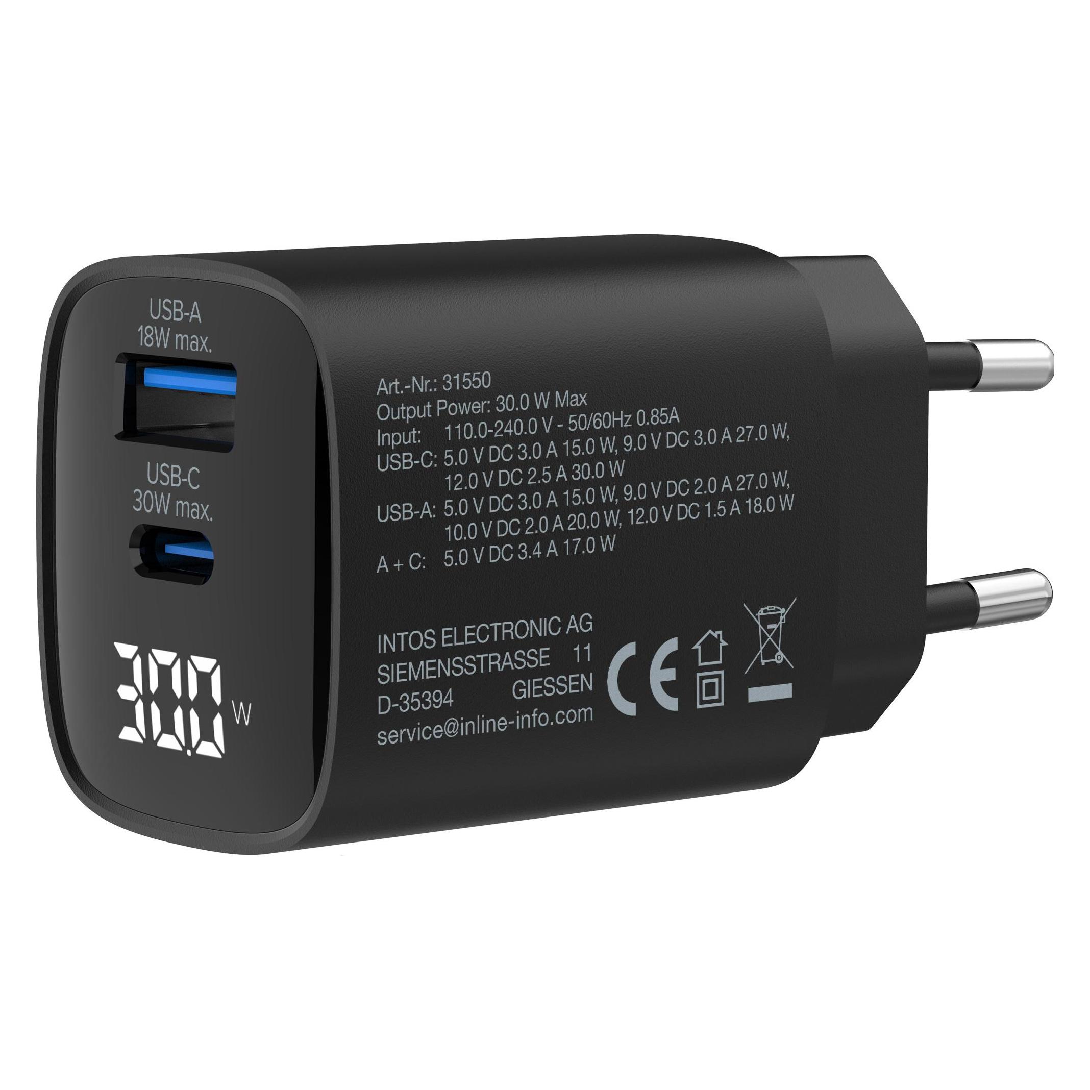 InLine USB PD Netzteil, GaN Ladegerät, 2-Port, USB-C + USB-A, 30W, mit Display, schwarz (30 W, 2 Ports) (31550)