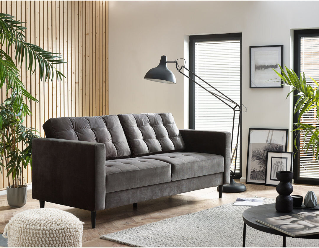 17 Stories Jodi Velvet Sofa - Upholstered Modern Retro Fabric Stylish & Contemporary Dark Grey 3 Seater