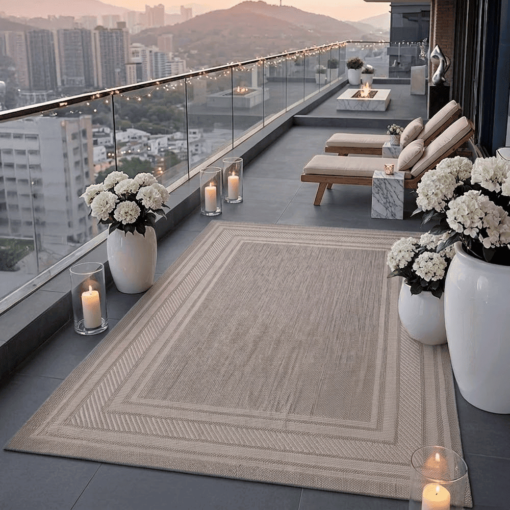 Lara Grey Indoor Outdoor Rug with Cream Border, 305x244cm