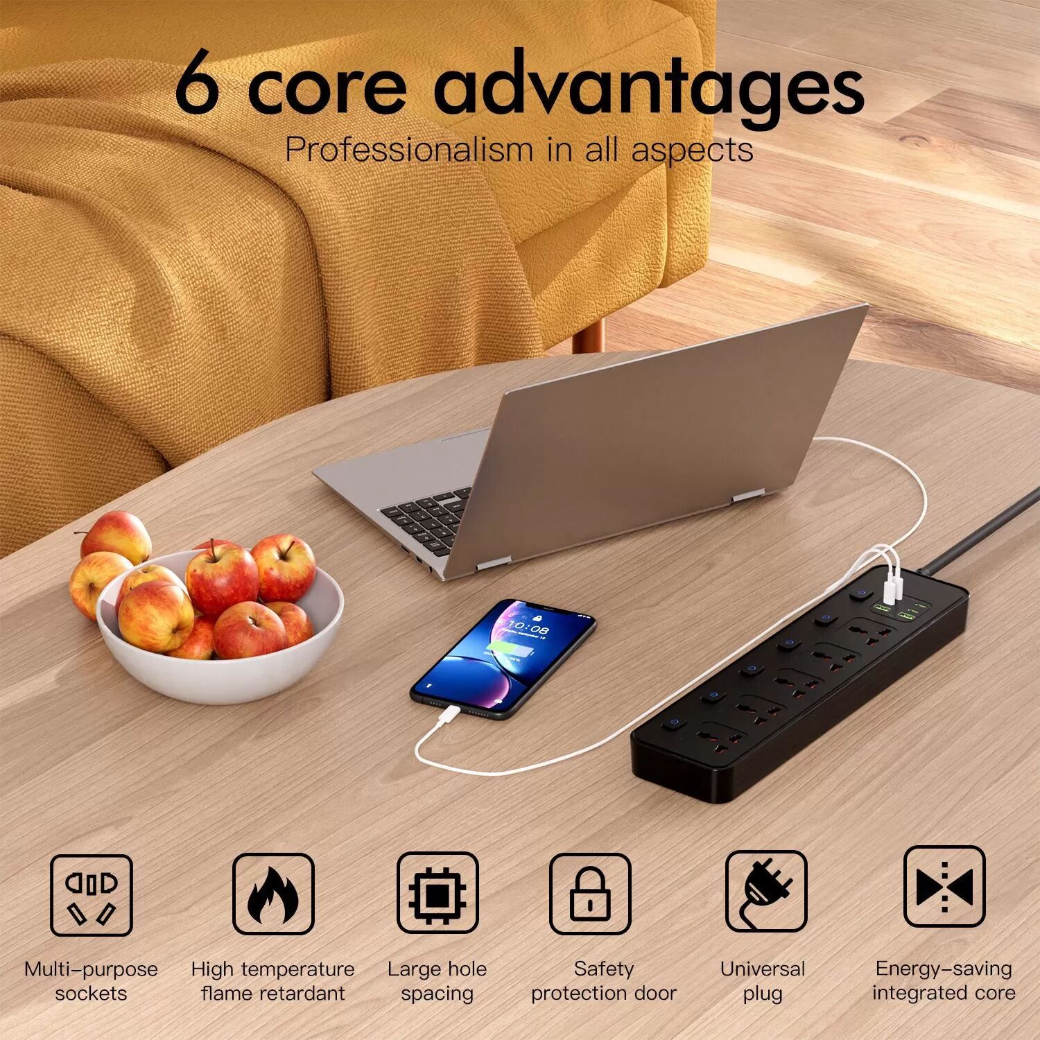 INF Multiprise Universelle 5 Prises avec Interrupteurs Individuels, Ports de Charge PD & USB