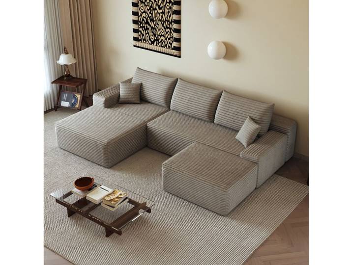Canape d angle modulaire compresse 270 cm camel avec meridienne en L assise profonde sans montage