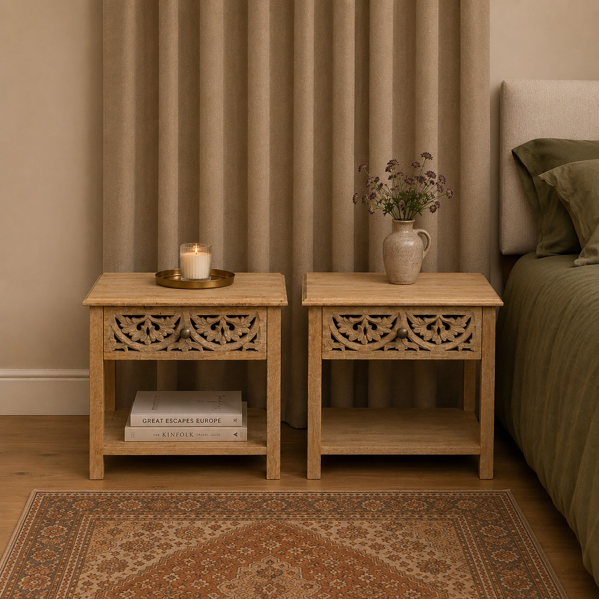 Pair of Bohemian Natural Mango Wood One Drawer Bedside Tables - Freya Wood Range Mango Wood, Metal