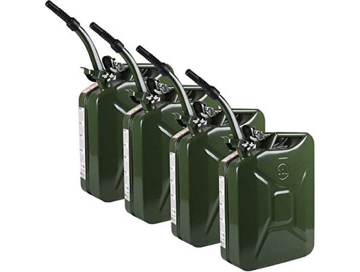 WALTER Benzinkanister-Set 20L aus Metall, 4 Stück, grün Mit flexiblem Einfüllstutzen/Trichter, Kraftstoff-Kanister, Sicherheitsverschluss