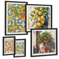 BILDER SET 5er Set - 50x50 cm & 20x30 cm & 40x60 cm Schwarzer Rahmen - Retro gelbe Zitrusfrüchte