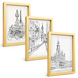 BILDER SET 3er Set - 20x30 cm Goldrahmen - Einfache Zeichnungen von Stadtlandschaften