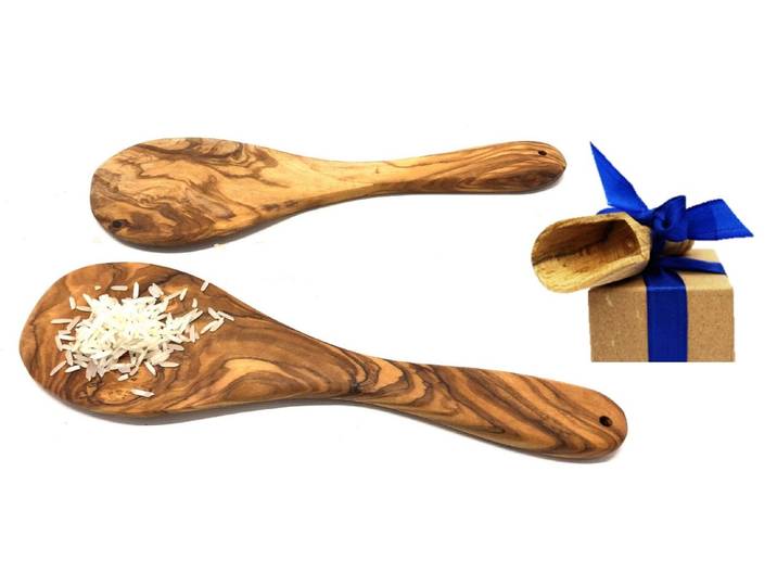 Reislöffel OLIVENHOLZ-ERLEBEN Reislöffel aus Olivenholz , braun, L: 20cm, Edelstahl, Massivholz, Kochlöffel, Reislöffel, Reislöffel zum Portionieren, Servieren und Mischen von Reis