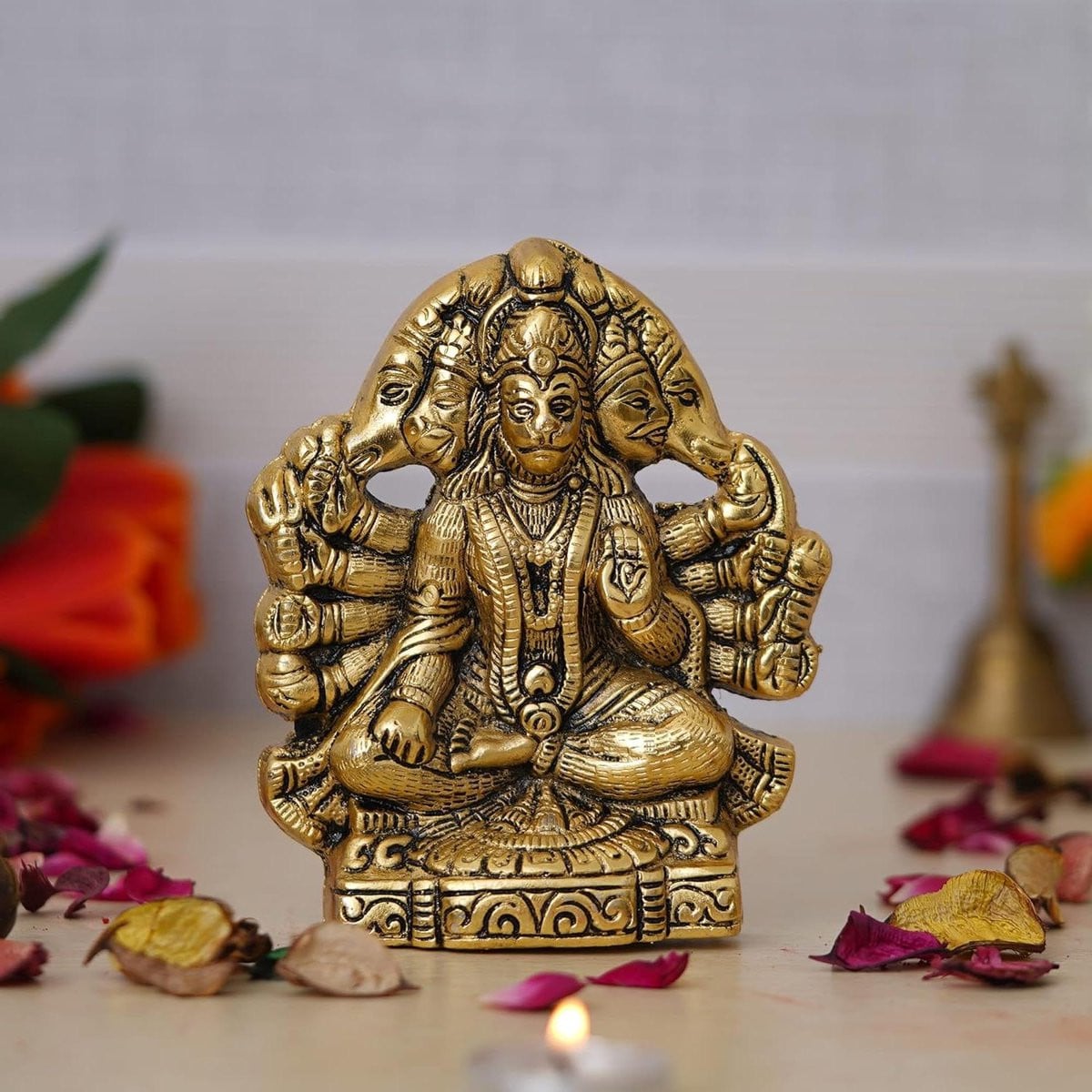 Handgemaakt Panchmukhi Hanuman Idool Standbeeld Murti voor Huis Pooja Decor - Goud - Hoogte: 139,7 cm