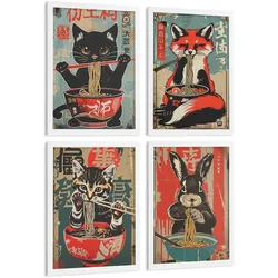 POSTER 4er Set Japanische Ramen Tier-Wandbilder Katze Fuchs und Hase Nudeln Vintage Küche Deko Weißer Rahmen A4