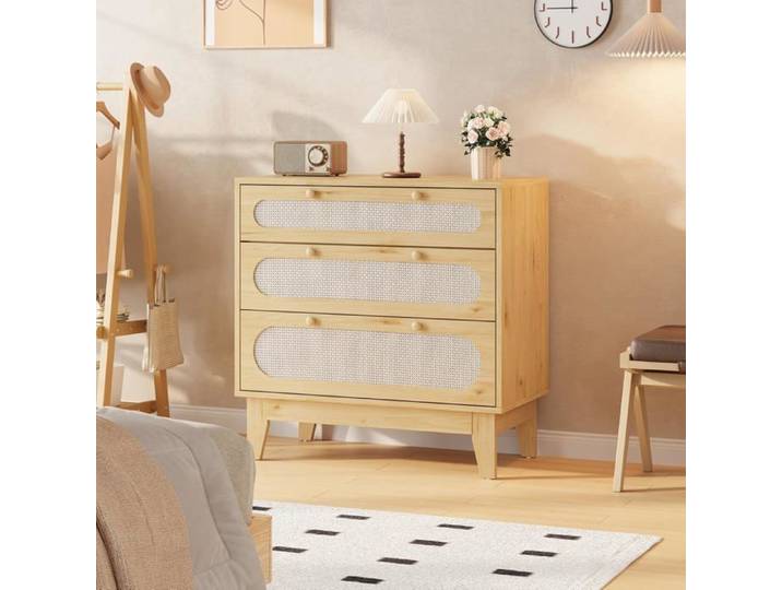 Commode en rotin - LUNSY - 80x40x80 cm - Beige - 3 tiroirs - Design moderne - Style rustique - Polyvalente
