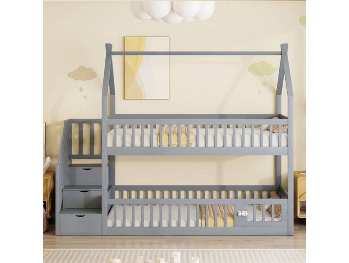 Lit Superpose 90x200cm pour Enfant Lit en Bois Massif avec Toit Escalier de Scurit et Tiroirs de Rangement Lit Simple Gris