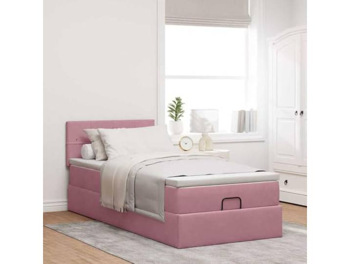 KTHLBRH Bettgestell Pouf mit Matratze Rosa 80 x 200 cm Samt Taschenfederkernmatratze, hydraulischer Hebemechanismus, Unterbettbezug, waschbarer Matratzenbezug